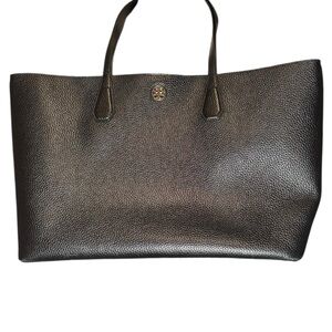 TORY BURCH Perry Black Pebble Leather Gold Logo Tote Bag Purse